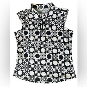 IBKUL Elise Print Black White Geometric Sleeveless Zip Polo Activewear L UPF 50